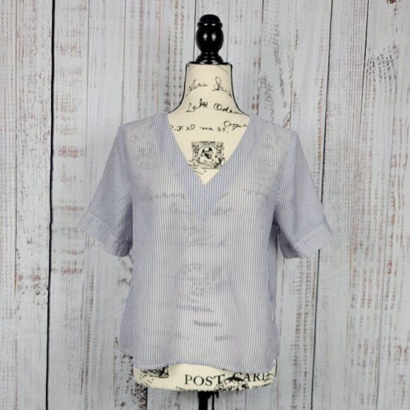 A New Day Blue & White Semi-Sheer Striped Boho Chic V-Neck Short Sleeve Blouse - Picture 1 of 6